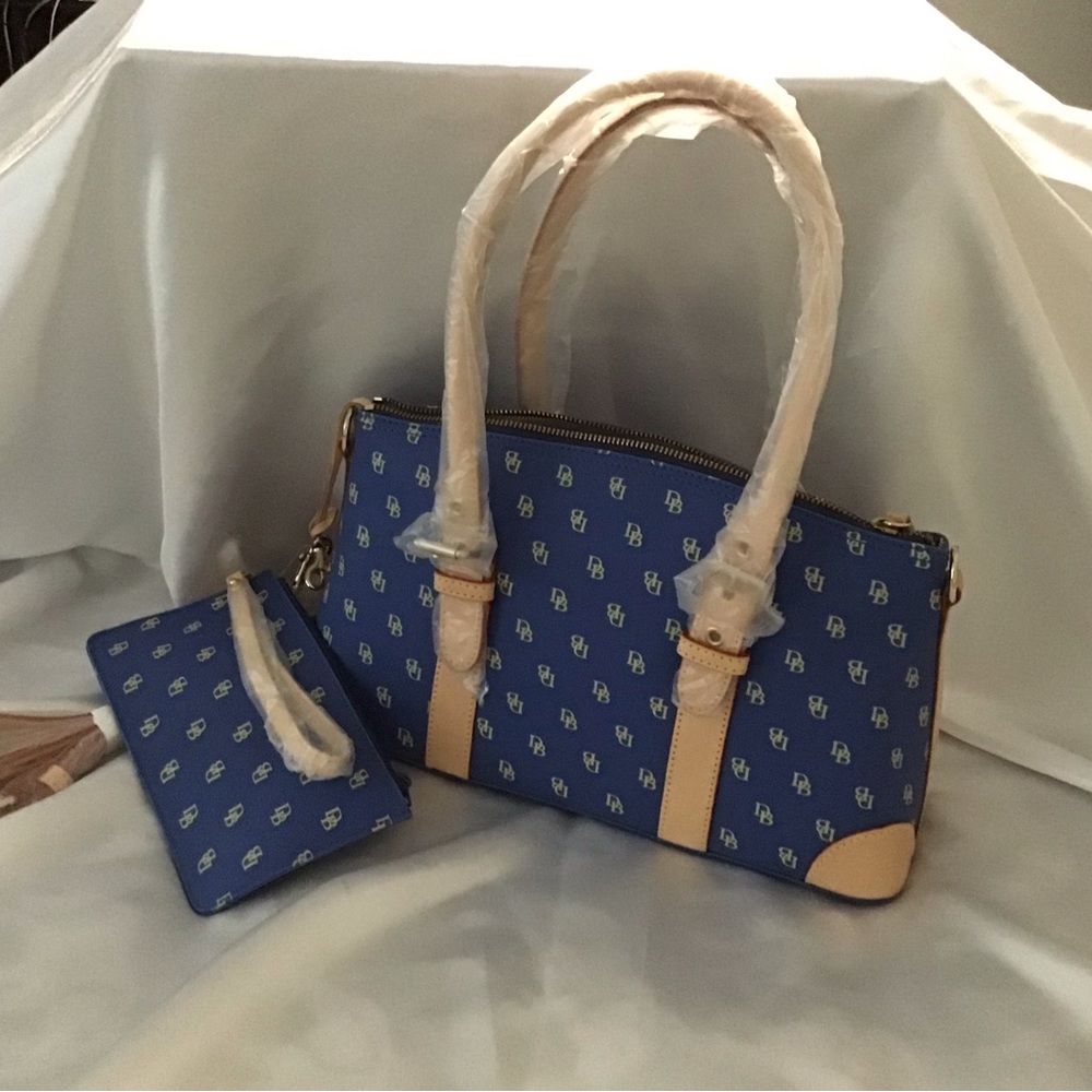 Blue and Tan Designer Handbag Set